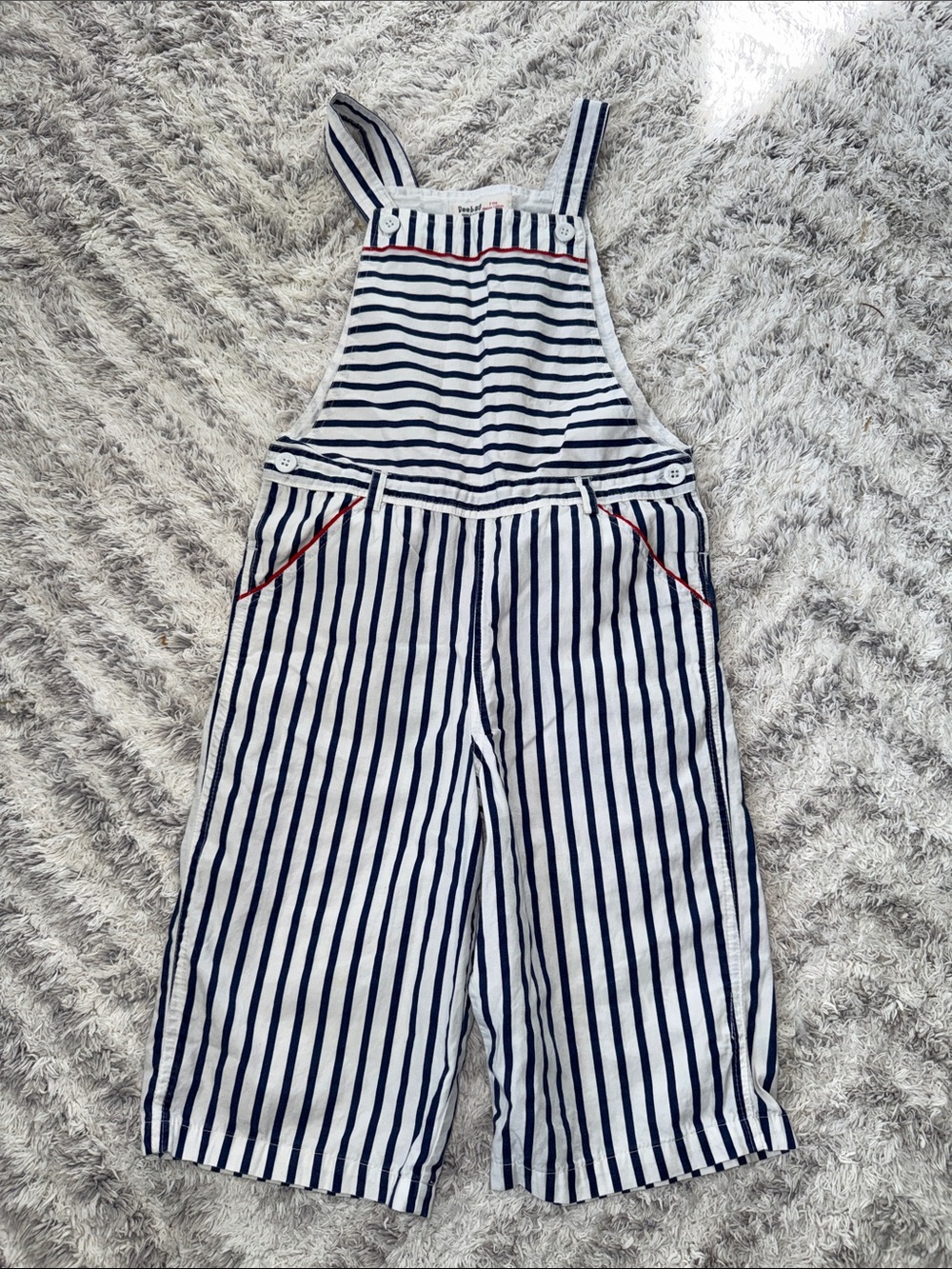 6-7 Beebay Vintage Striped Navy & White Kids Overalls with Red Trim